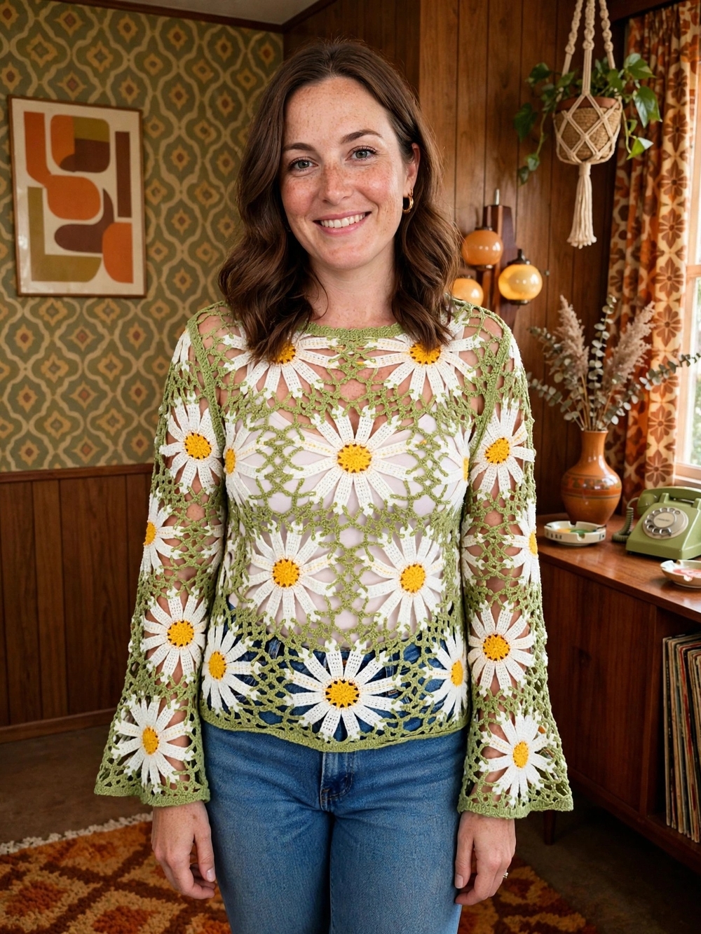 Daisy Open Crochet Boho Flare Sleeve Rebellion Again Crop Top. Ladies Large